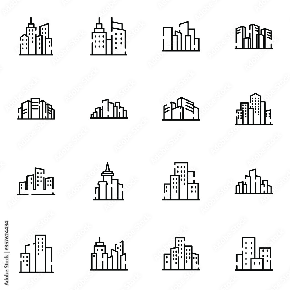 City, town, building icon set. Simple downtown, skyscraper, metropolis outline icon sign concept. vector illustration.	