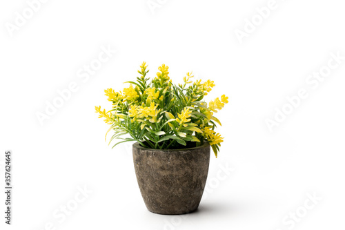 Front view beautiful artificial green plant yellow flowers in brown pot