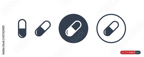Set of Capsule Medicine Icons. Black Shape with Fill and Outline Circle Combination isolated on White Background. Flat Vector Icon Design Template Element.