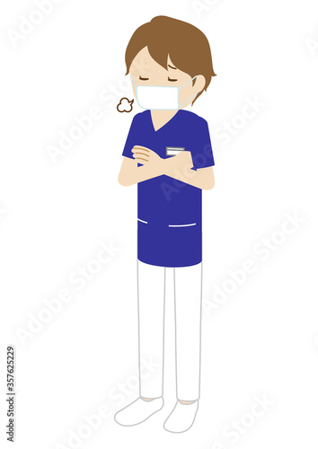 Illustration of a female medical worker wearing a mask (radiologist sighing with her arms crossed)