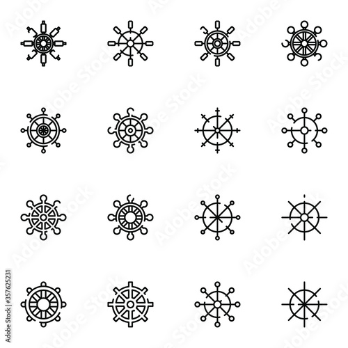 Ship rudder icon set. Simple ship steering wheel outline icons sign, vector illustration.	