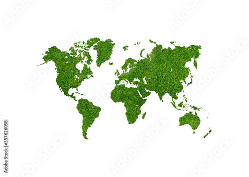 3D illustration. Conceptual of global green environmental issues worldwide. Green world map.