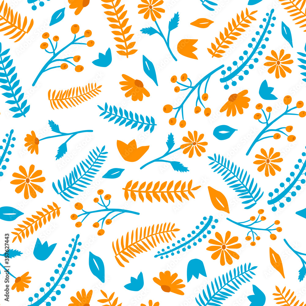 Floral leaves vector pattern. Orange and blue. Botanical background pattern for textile Floral leaves vector pattern. Orange and blue. Botanical background pattern for textile