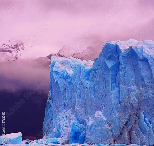 View of Glacier in Los Glaciares National Park in Argentina, with purple sky