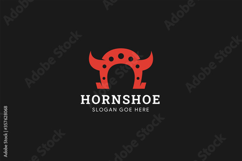 The combination of horseshoe and horn with hole element design use red on object and white on text. horn shoe logo design template.  