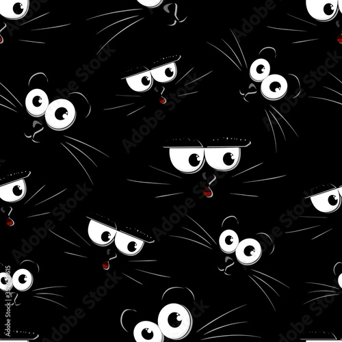 Seamless texture of cartoon cat muzzles on black background. Isolated