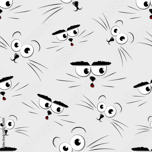 Seamless texture of cartoon cat muzzles on gray background. Isolated