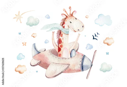 Obraz akwarela dla dzieci, żyrafa-pilot w chmurach.