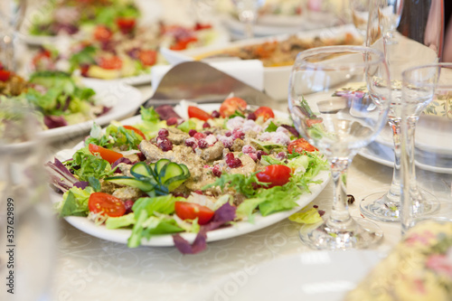 Mediterranean dish of vegetables, decorated with tomatoes