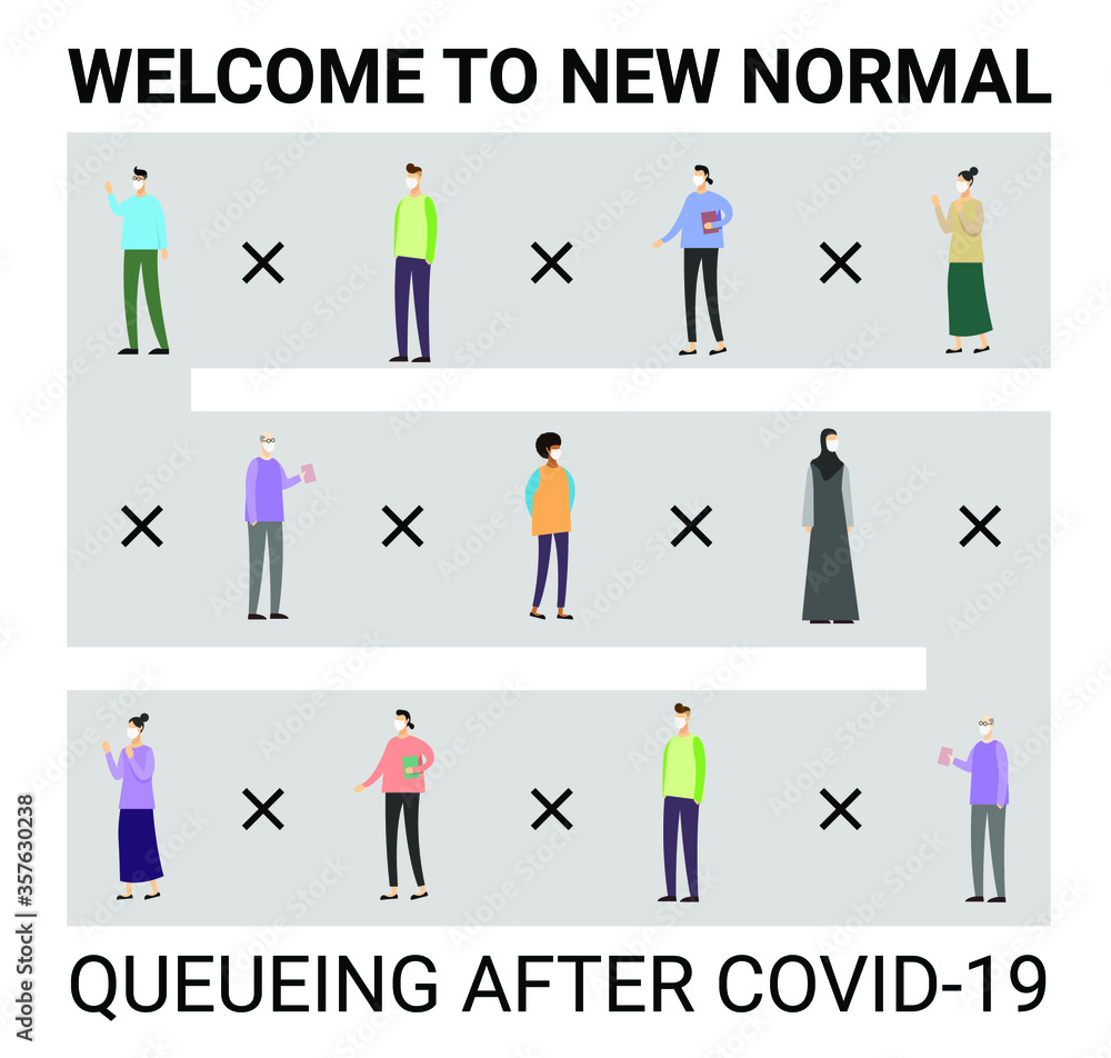 After covid-19, a new way to queueing after corona outbreak. New Normal activity.