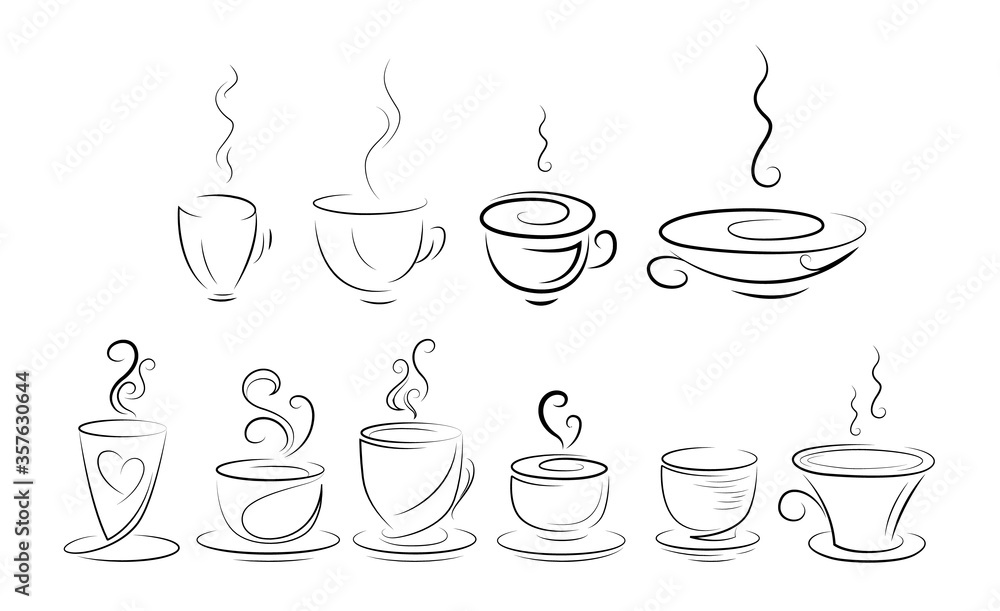 Set of stylized coffee cups. Hand-drawn, sketch style. Isolated.