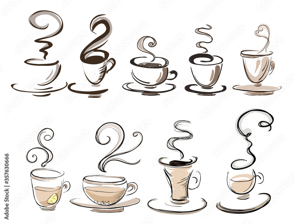 Set of colored coffee cups and tea. Hand-drawn. Sketch style. Isolated on white. Set of colored coffee cups and tea. Hand-drawn. Sketch style. Isolated on white.