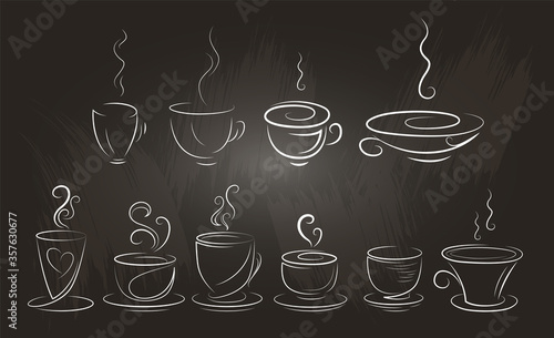 Set of many stylized coffee cups. Hand-drawn, sketch style. Isolated on a chalkboard.