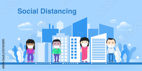 People wearing face mask maintain social distancing of Cartoon Character Vector illustration