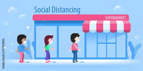 People wearing face mask maintain social distancing of Cartoon Character Vector illustration