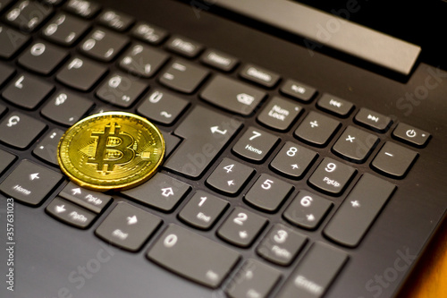 Bitcoin symbol coin close up view