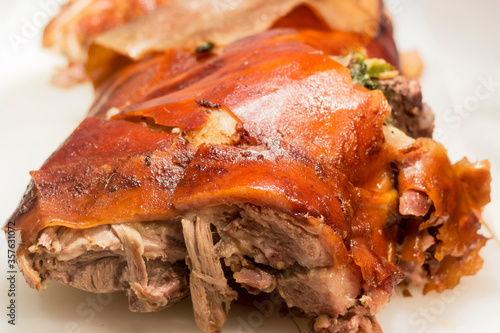 Roasted pork meat Lechon. Crispy oily skin of bbq pork. Traditional philippines cuisine. 