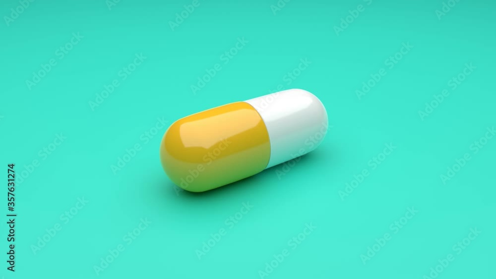 White-Yellow pills isolated rotating on green background. Seamless looping. 4K UHD. 3d rendering. White-Yellow pills isolated rotating on green background. Seamless looping. 4K UHD. 3d rendering.