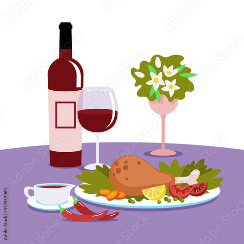 Dinner on a table covered with a tablecloth. Baked chicken's leg with vegetables, sauce and vine. Vector illustration in flat style.