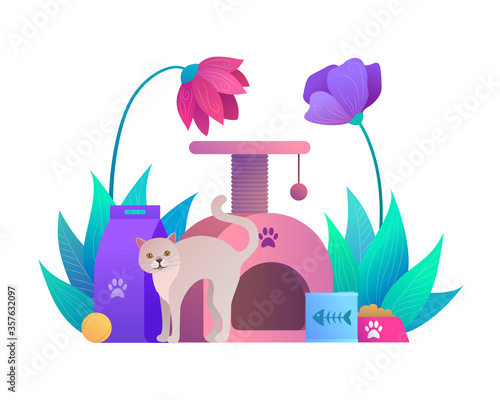Animal store cartoon composition with cat and flower decoration. Funny cat, claw point, food in bowl and ball toy isolated on white background. Welcome to animal store advertising vector illustration.
