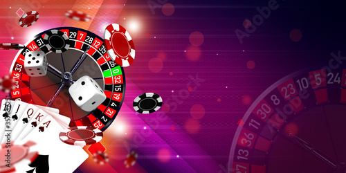 Casino theme background illustration with roulette wheel, royal flush hand combination, flying casino chips and dice. 3D illustration