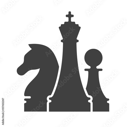 Black chess logo template. Chess tournament and professional sport competition symbol. Chess club graphic sign vector illustration. King, knight and pawn figures isolated on white background.
