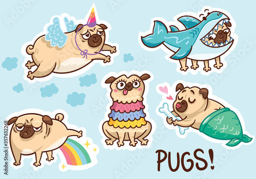 Funny pug dog sticker set. Vector illustration