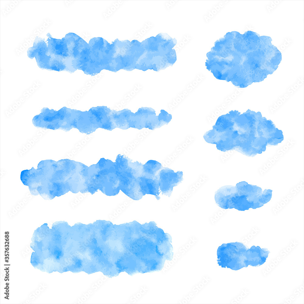Fototapeta premium Watercolor graphic design elements set. Sky blue brush strokes, spots, oval smears, uneven stripes, smudges. Watercolour stains text banner, cloud shape, frame template. Painted water, sea background