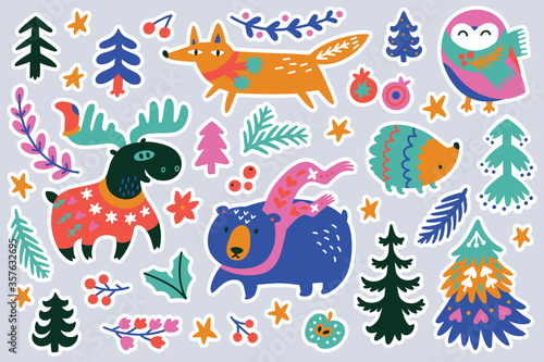 Christmas forest animal sticker set. Vector illustration