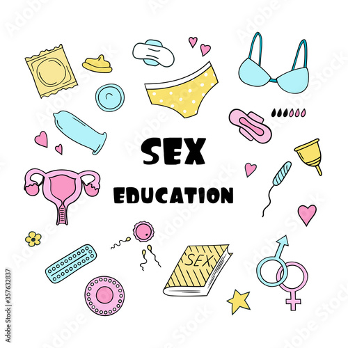Sex education set of elements in doodle style. Hand-drawn vector clipart.