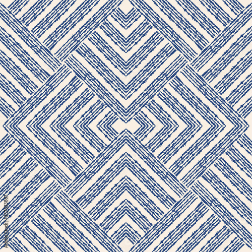 Geometric seamless pattern. Elegant abstract background with diamond shapes, zigzag, grid, net, lattice, repeat tiles. Ornament design in soft blue and white colors. Damask texture