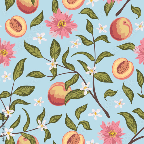 Beautiful seamless pattern with peach, flowers and branch. Colorful hand drawn vector illustration. Texture for print, fabric, textile, wallpaper.