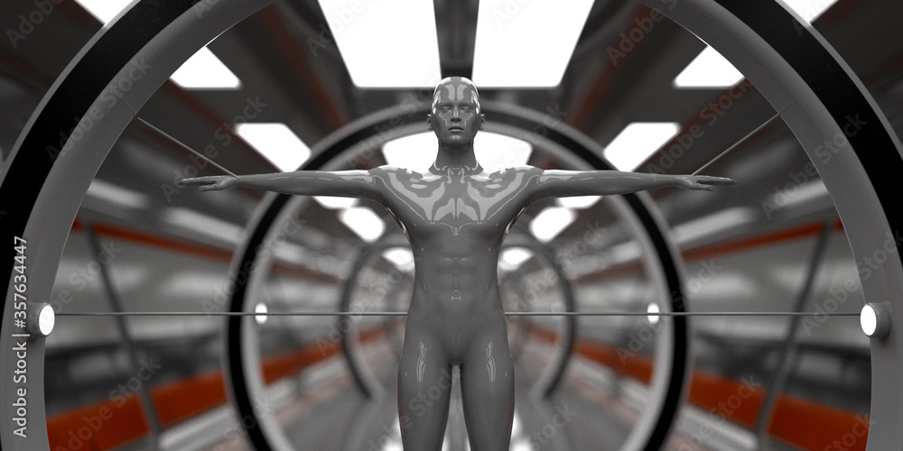 3d render. Futuristic scene and humanoid figure