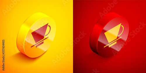 Isometric V60 coffee maker icon isolated on orange and red background. Circle button. Vector Illustration.