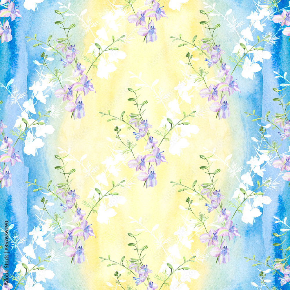 Seamless pattern.  A branch with flowers and buds on a watercolor background. Delphinium. Garden flowers.Medicinal, perfume and cosmetic plants. Use printed materials, signs, posters, postcards.