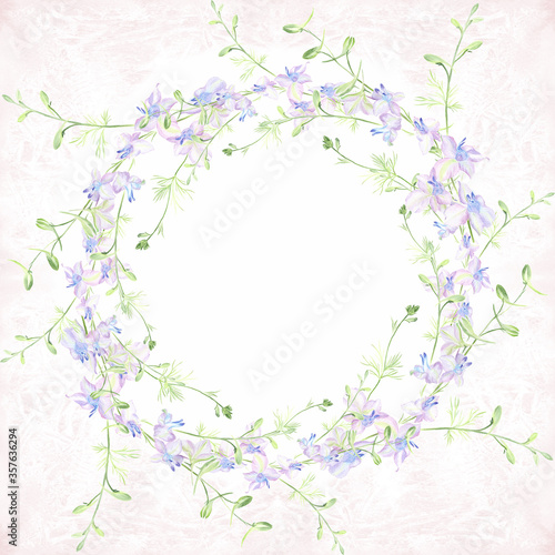 A branch with flowers and buds, wreath of flower branches. Delphinium. Garden flowers.Medicinal, perfume and cosmetic plants. Use printed materials, signs, posters, postcards, packaging.