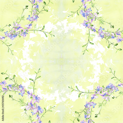 Seamless pattern. A branch with flowers and buds on a watercolor background. Delphinium. Garden flowers.Medicinal, perfume and cosmetic plants. Use printed materials, signs, posters, postcards.