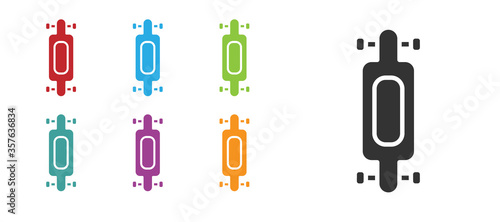 Black Longboard or skateboard cruiser icon isolated on white background. Extreme sport. Sport equipment. Set icons colorful. Vector Illustration.