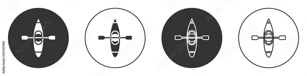 Black Kayak and paddle icon isolated on white background. Kayak and canoe for fishing and tourism. Outdoor activities. Circle button. Vector Illustration. Black Kayak and paddle icon isolated on white background. Kayak and canoe for fishing and tourism. Outdoor activities. Circle button. Vector Illustration.