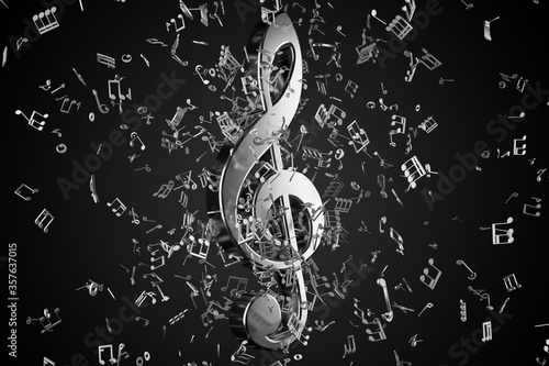 Silver metallic music treble clef symbol with musical notes flying around it on black background