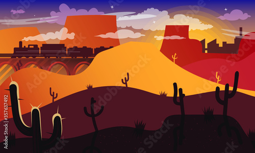 View on sunset in sandy desert landscape with cactus plants. Wild west background.