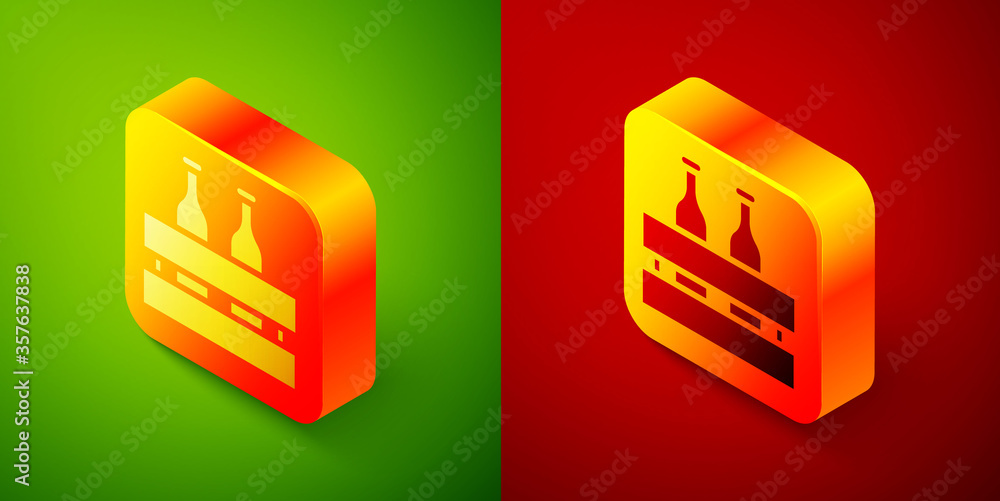 Isometric Pack of beer bottles icon isolated on green and red background. Wooden box and beer bottles. Case crate beer box sign. Square button. Vector Illustration. Isometric Pack of beer bottles icon isolated on green and red background. Wooden box and beer bottles. Case crate beer box sign. Square button. Vector Illustration.