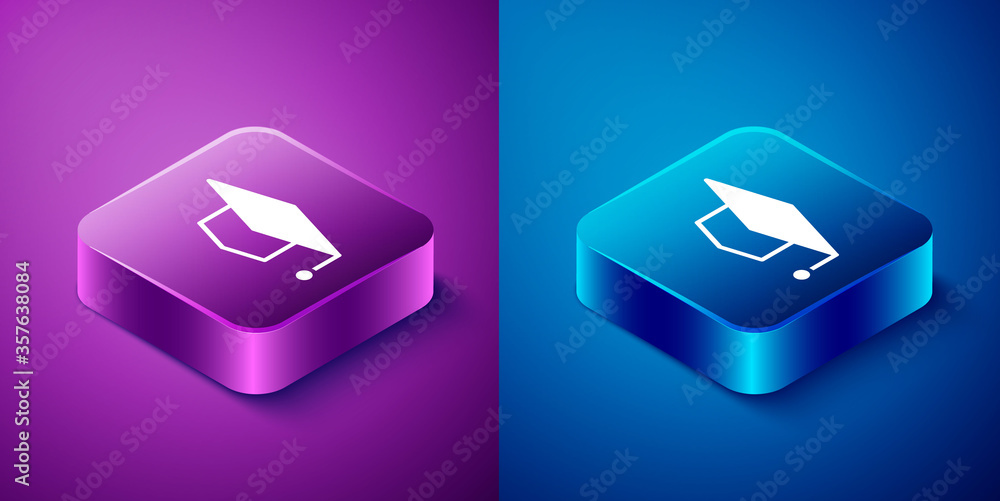 Isometric Graduation cap icon isolated on blue and purple background. Graduation hat with tassel icon. Square button. Vector Illustration. Isometric Graduation cap icon isolated on blue and purple background. Graduation hat with tassel icon. Square button. Vector Illustration.