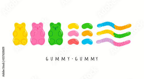 Colorful Fruity and tasty Sweets. Various Gummy and Jelly candies. Bears, Worms, Beans. Hand drawn Vector set. Trendy illustrations. Cartoon style. All elements are isolated