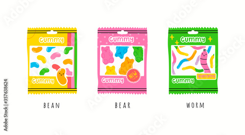 Colorful Packs of fruity and tasty Sweets. Various Gummy and Jelly candies. Bears, Worms, Beans. Hand drawn Vector set. Trendy illustrations. Cartoon style. All elements are isolated