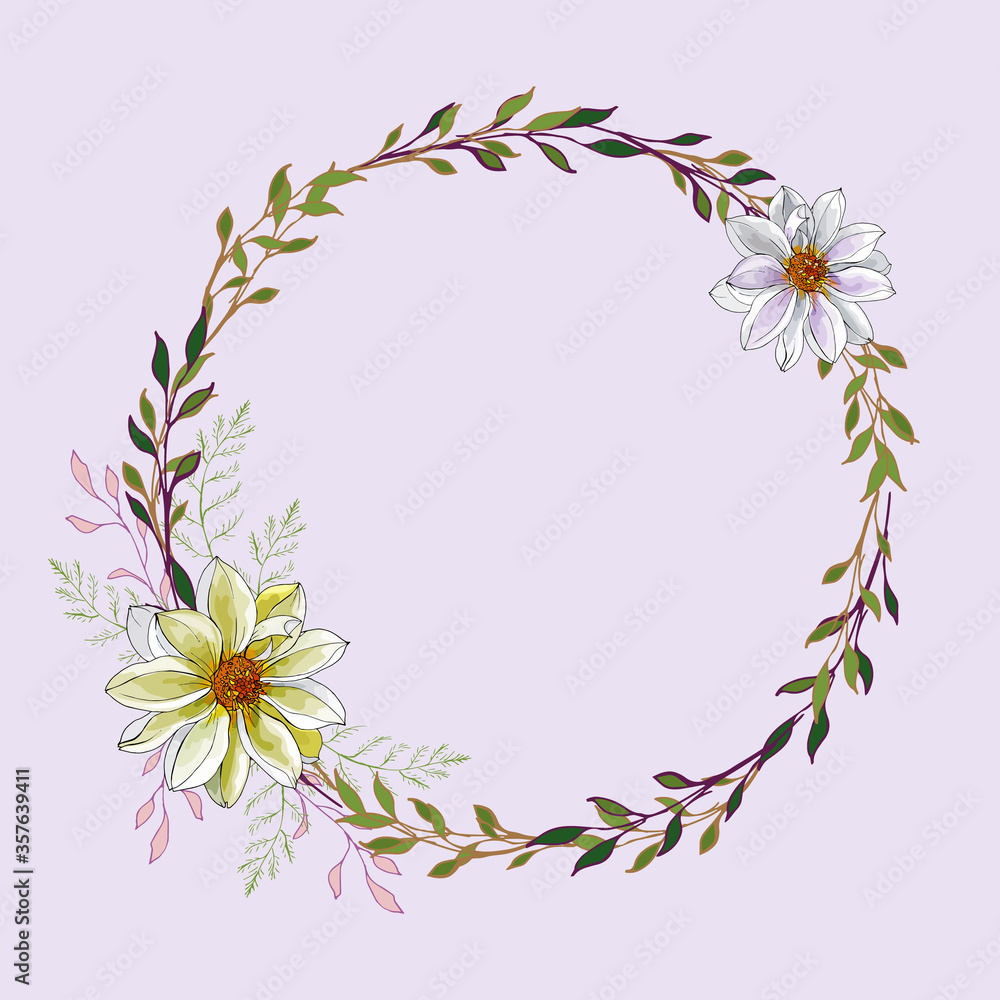 Floral round frame of yellow and white flowers Dahlia and green branch on pink background.For your design, wedding stationary, fashion, invitation template, greeting card,saving the date card.Vector.