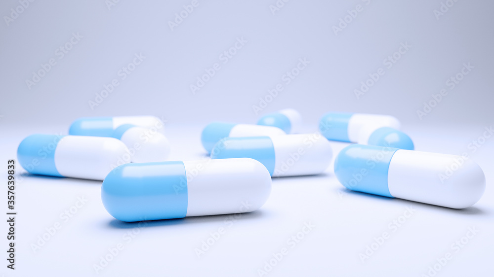 Close up pills capsule on white background. 3d render Close up pills capsule on white background. 3d render