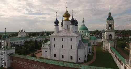 4K high quality summer day video of Rostov Spaso-Yakovlevski Monastery churches and cathedrals located on shore of Nero Lake in Yaroslavl Region, north-eastern Russia 200 km from Moscow