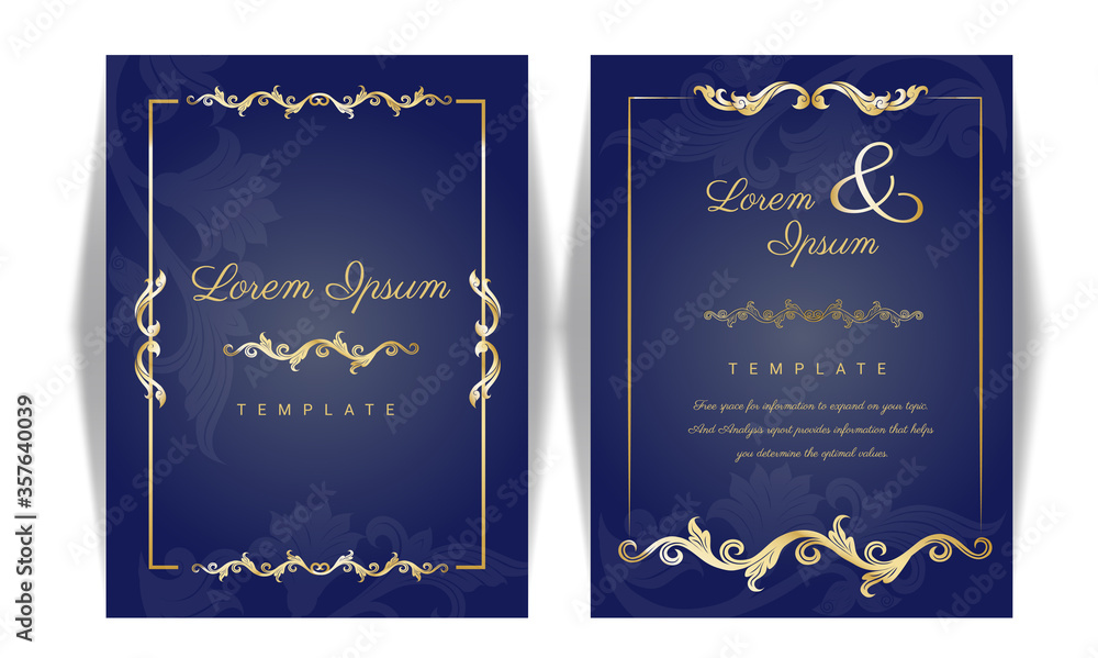Elegant gold floral wedding invitation layout, on Blue color background design.
