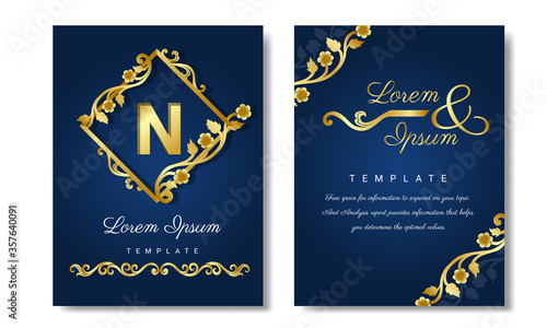 Elegant gold floral wedding invitation layout  on Blue color background design.